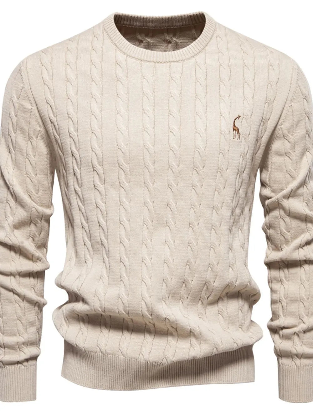 Beige cable knit sweater with a brand logo on a white background