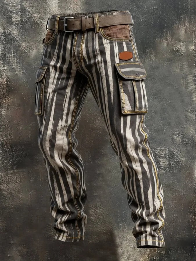 Striped cargo pants with a belt on a textured gray background