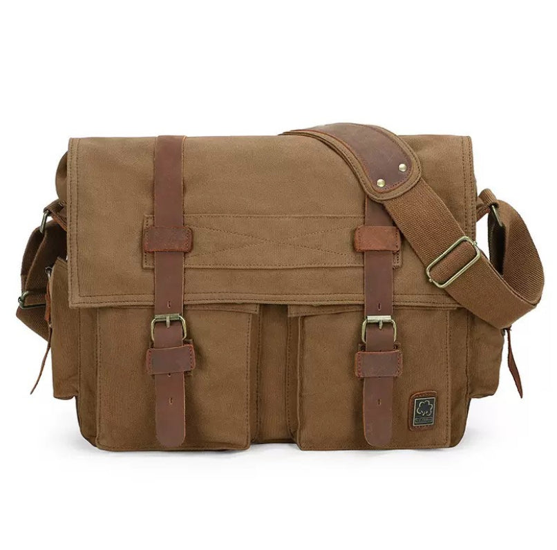 Brown leather messenger bag on a white background