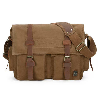 Brown leather messenger bag on a white background