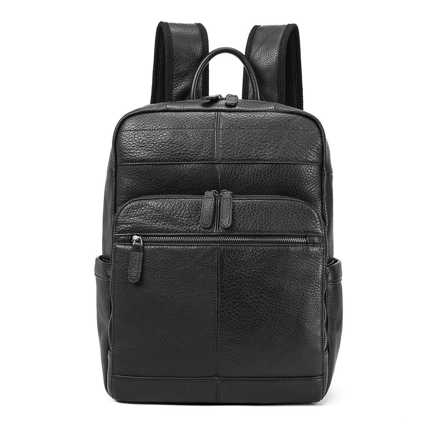 Black leather backpack on a white background