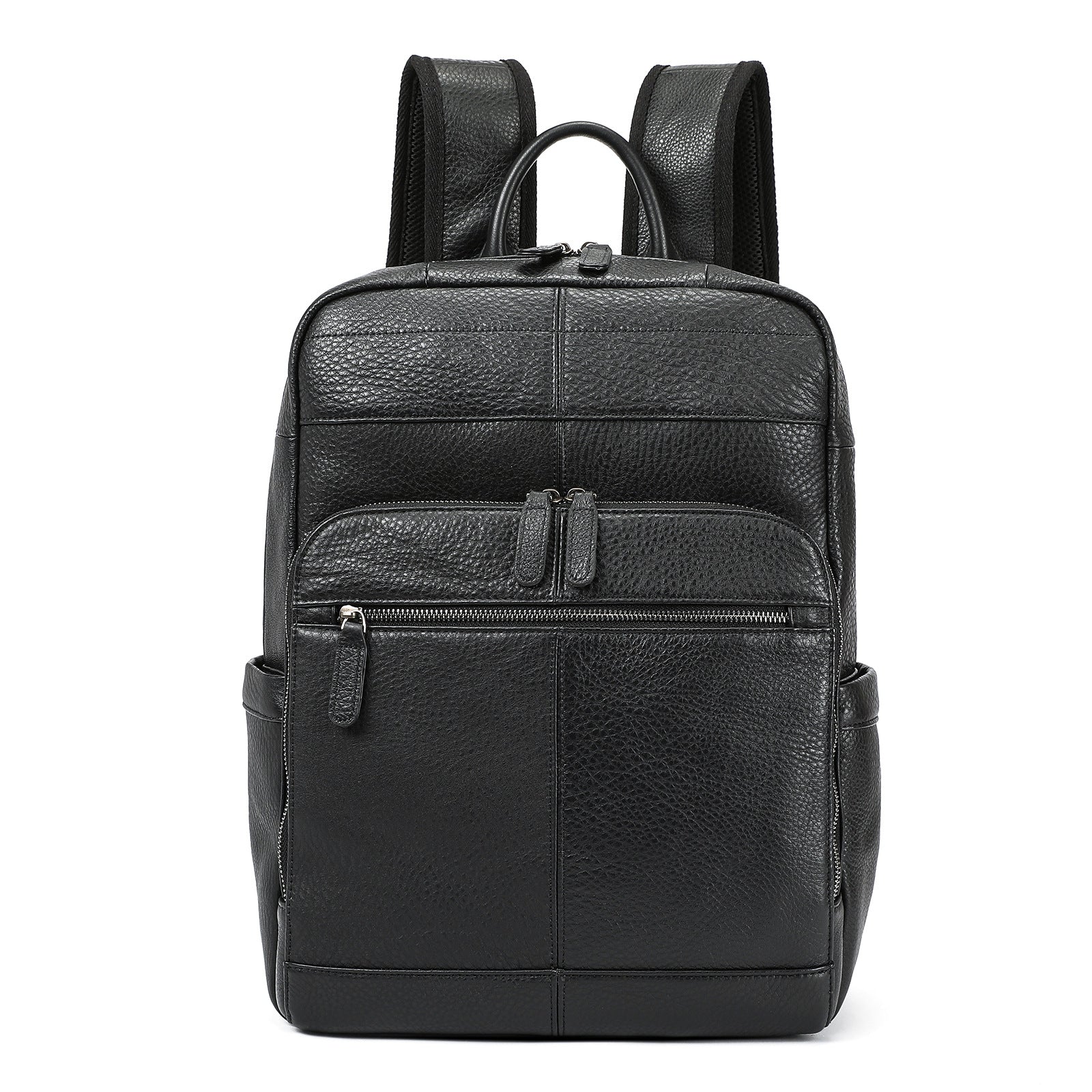 Black leather backpack on a white background
