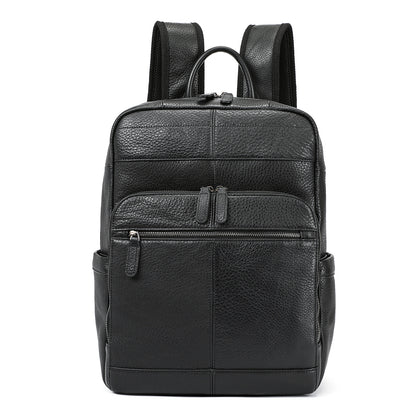 Black leather backpack on a white background