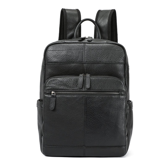 Black leather backpack on a white background