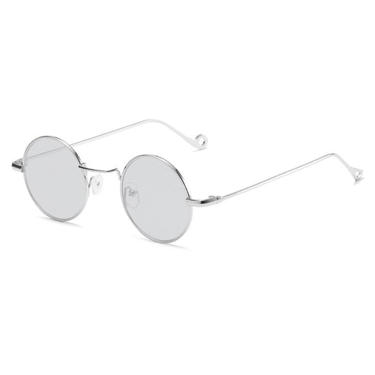 Round silver-framed sunglasses on a white background