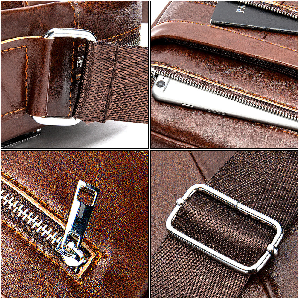 Collage of close-up details of a brown leather bag with metal hardware.