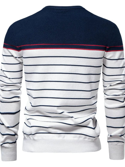 Striped long-sleeve shirt with navy and white pattern on a white background