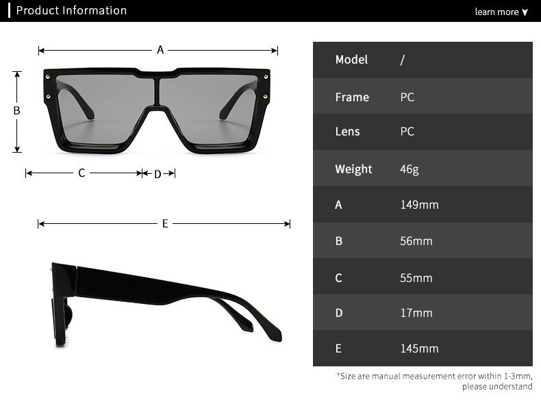 Black sunglasses with measurements and product details on a white background