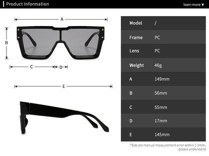 Black sunglasses with measurements and product details on a white background