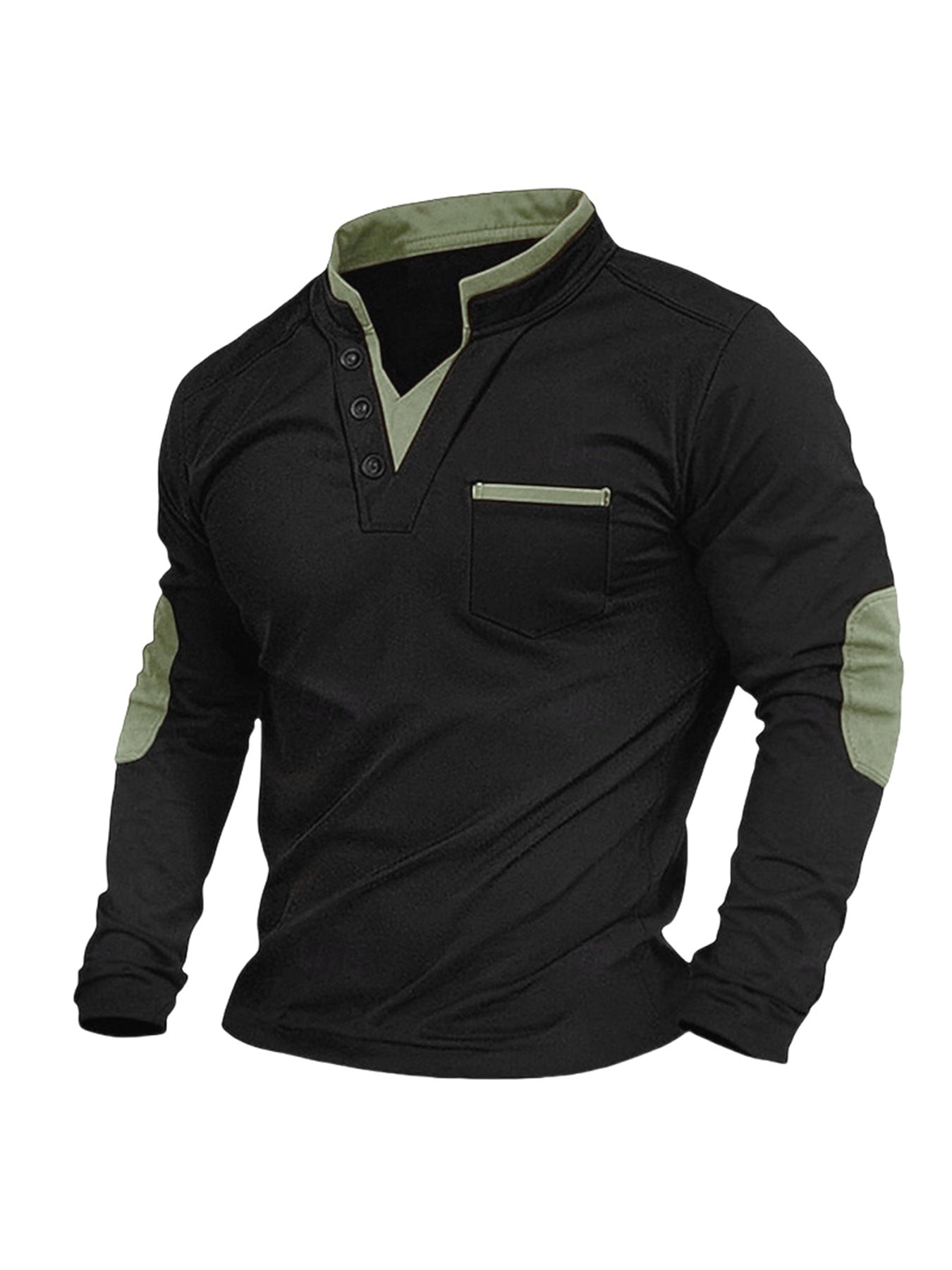 Black long-sleeve shirt with green accents on a white background