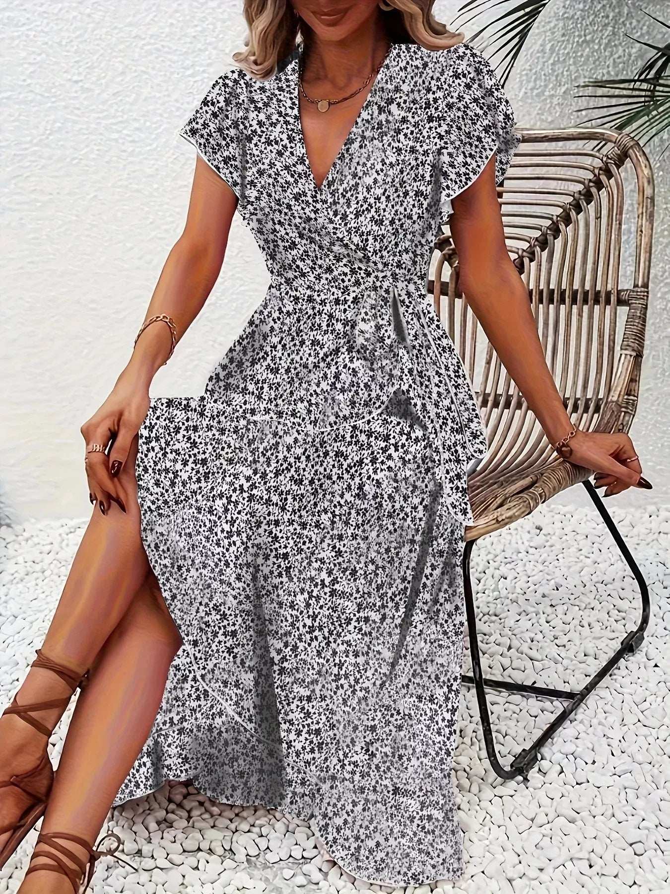 Woman wearing a floral dress sitting on a wicker chair outdoors.