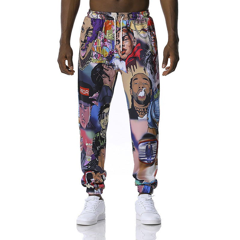 Colorful graphic jogger pants with a collage of faces on a white background