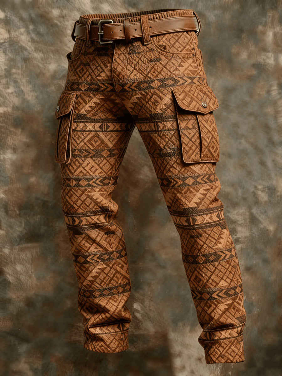 Brown patterned pants with a belt on a textured brown background