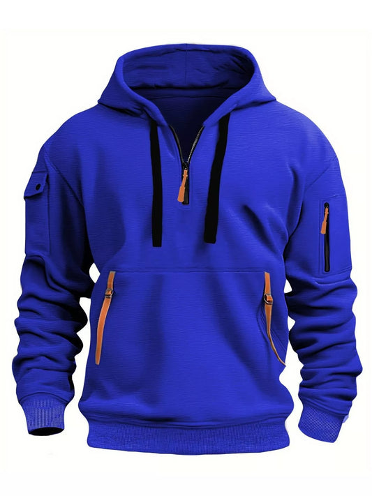 Blue hoodie with orange zippers on a white background