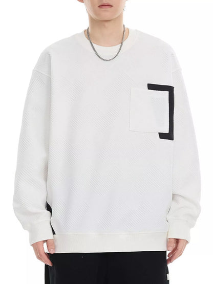 White sweatshirt with a black geometric design on a white background