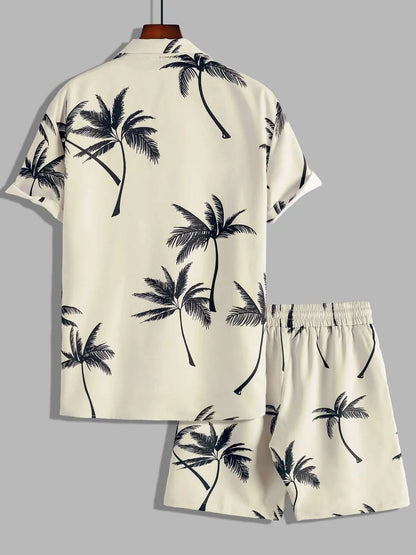 Beige shirt and shorts set with palm tree pattern on a gray background