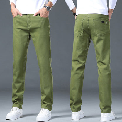 Green pants shown from front and back on a gray background