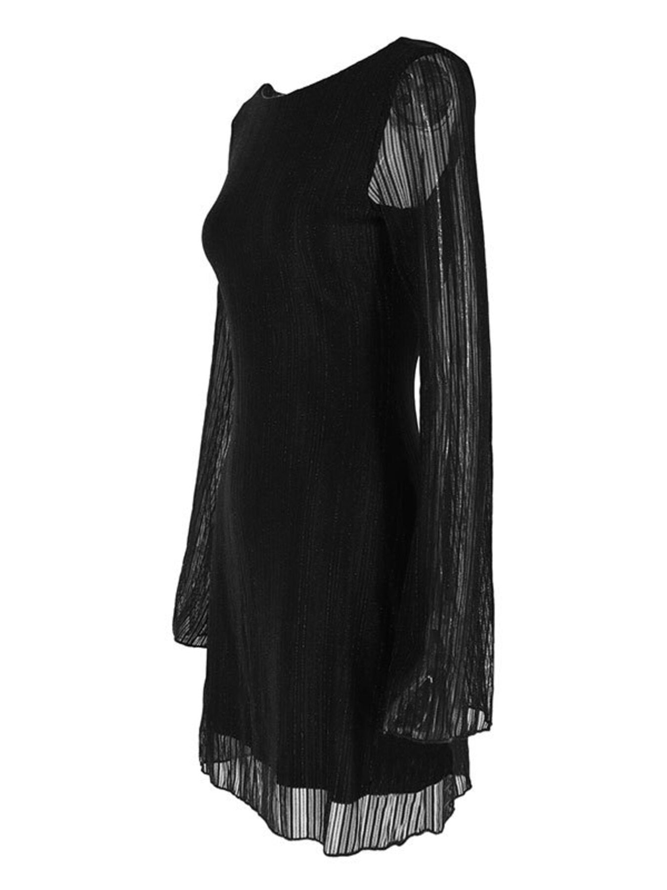 Black one-shoulder dress with sheer sleeves on a white background