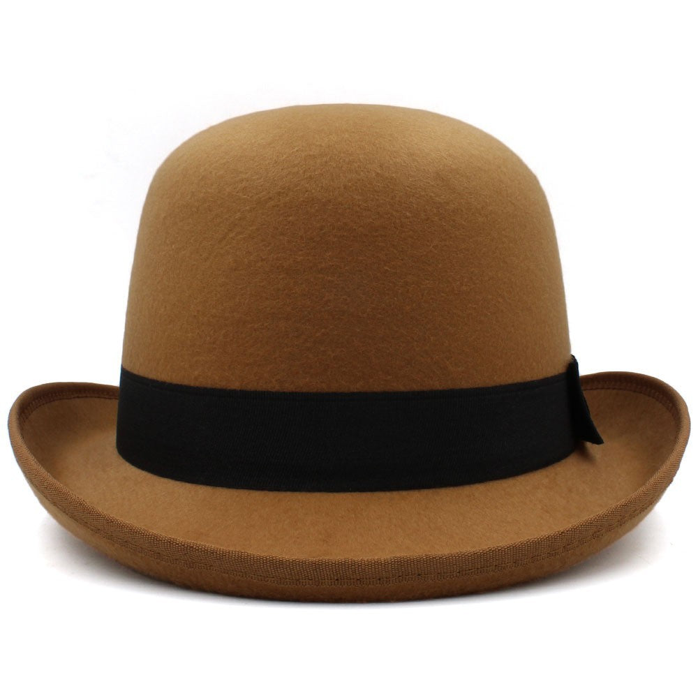 Brown hat with a black band on a white background