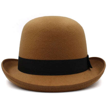 Brown hat with a black band on a white background