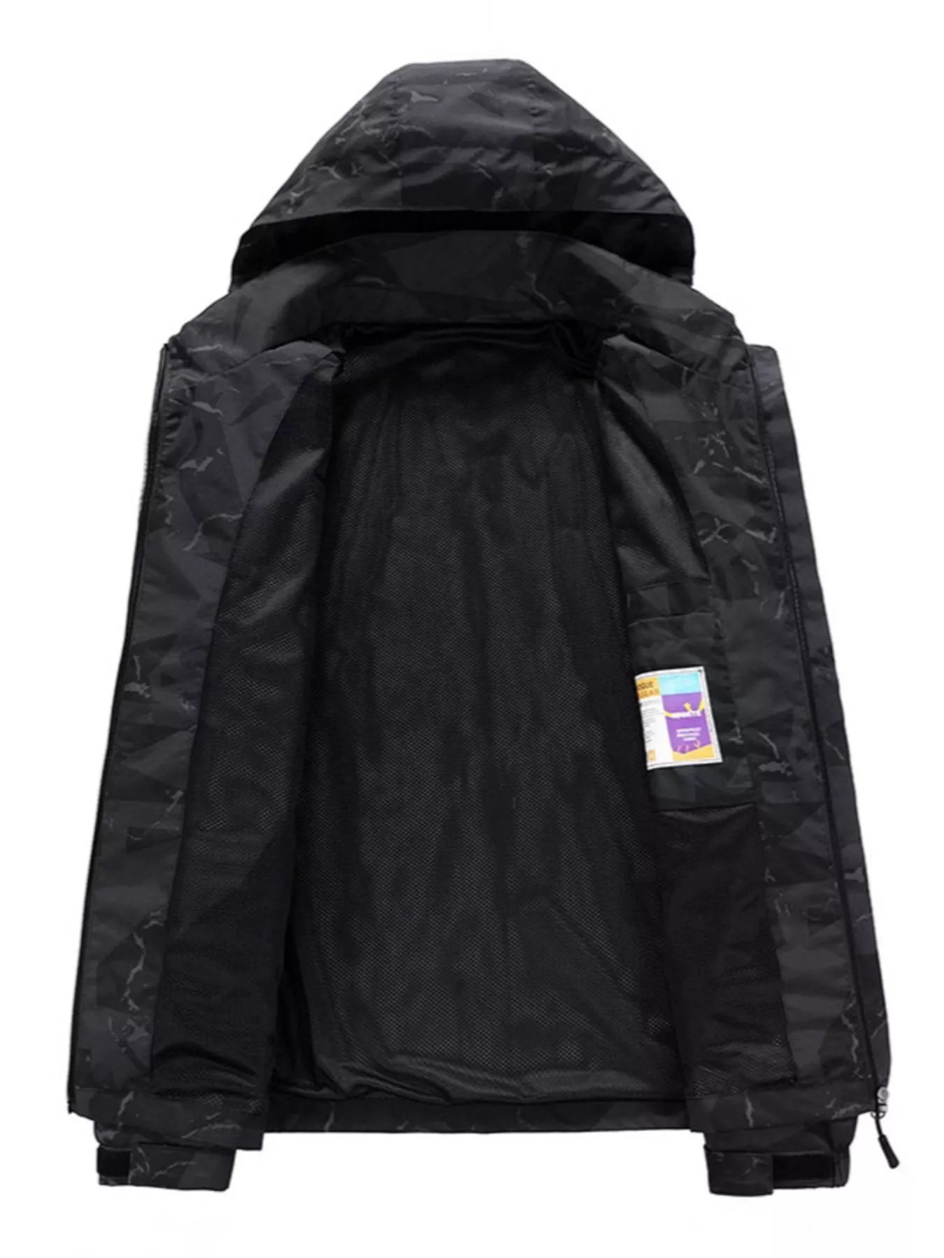 Black jacket with a hood on a white background