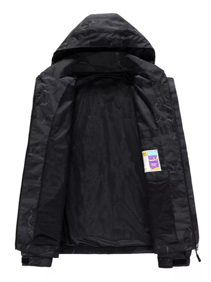Black jacket with a hood on a white background