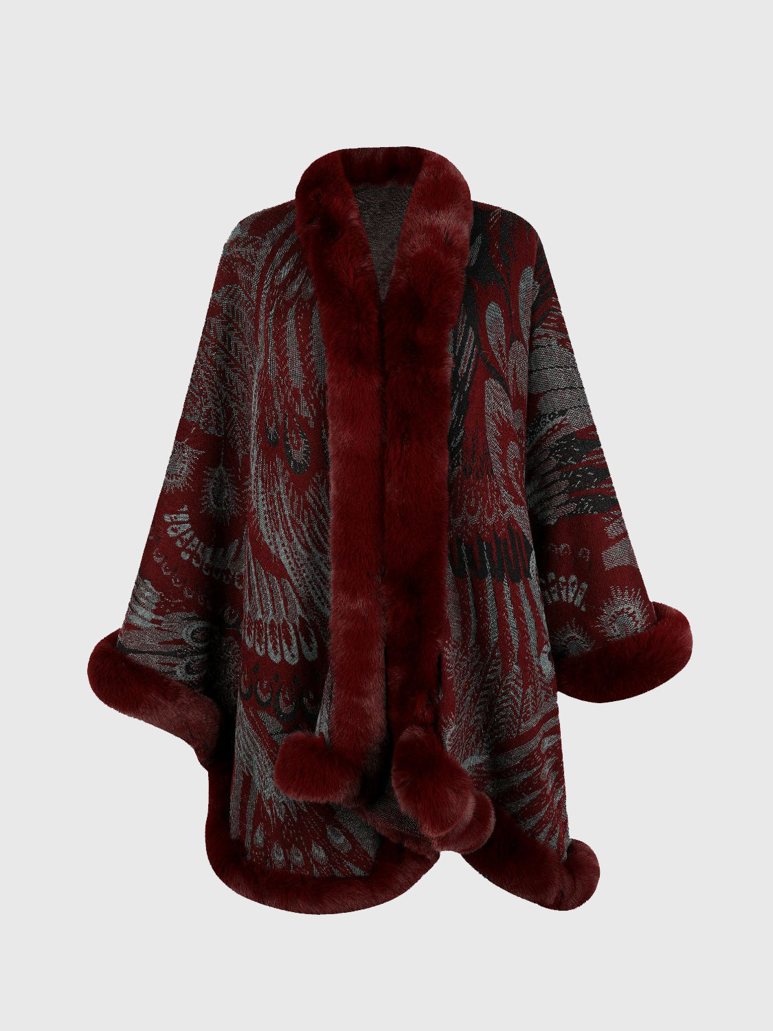 Red fur-trimmed coat with a patterned design on a white background