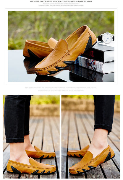 Brown loafers with a blurred green background