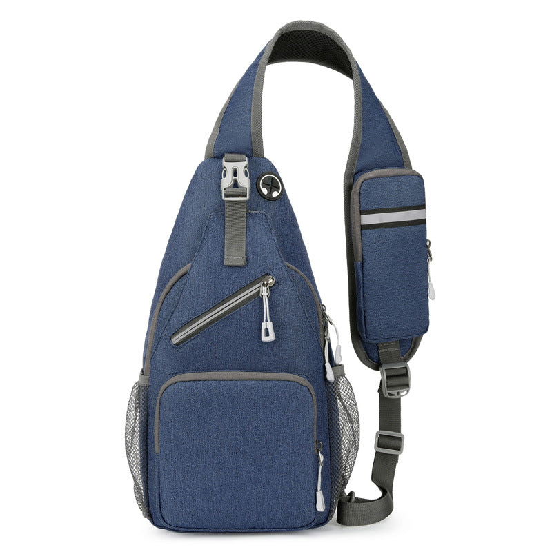 Blue sling bag with gray straps on a white background