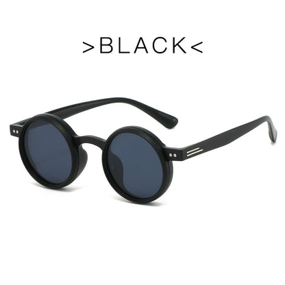 Black round sunglasses on a white background with 'BLACK' text above.
