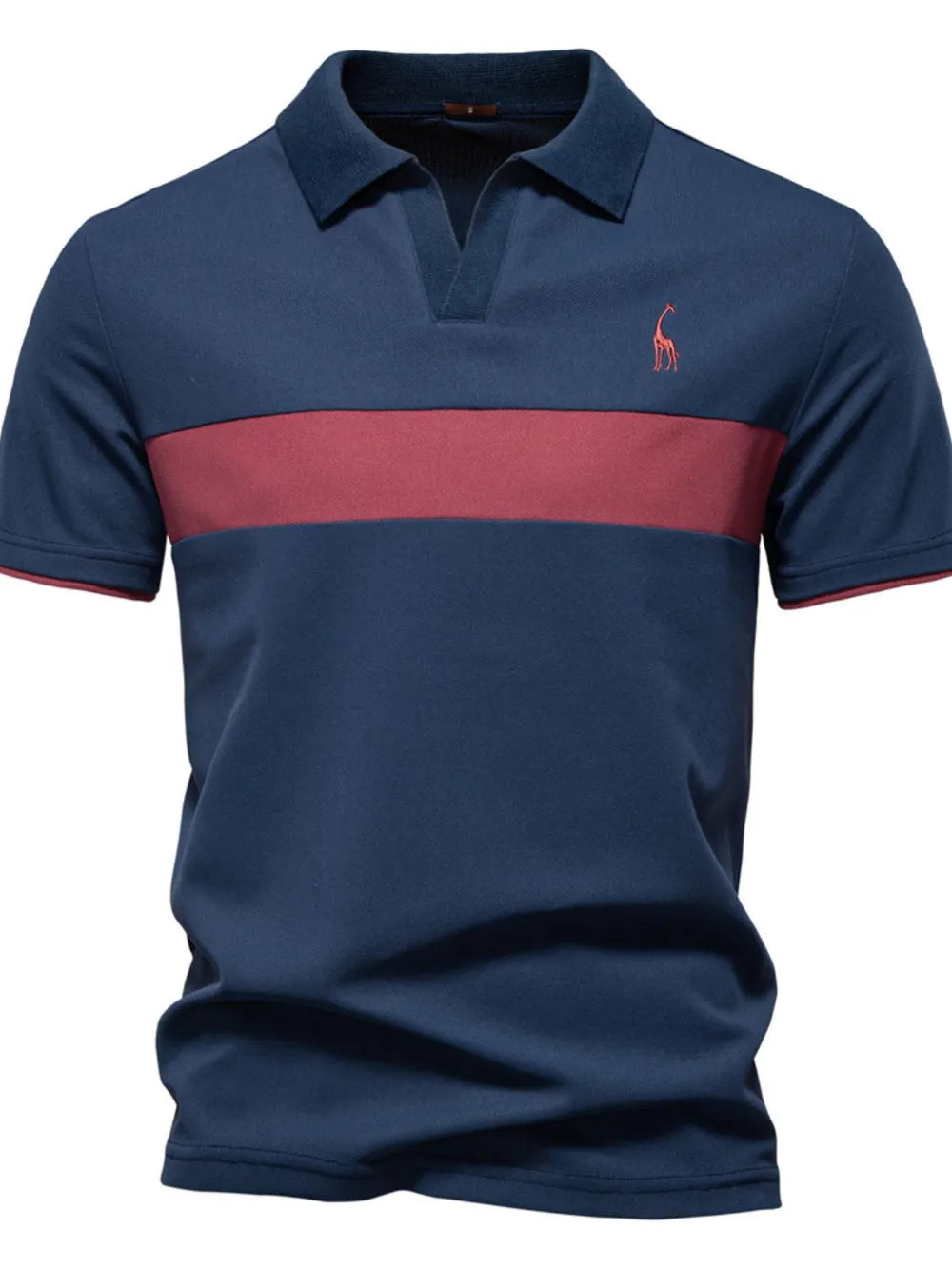 Navy blue polo shirt with a red stripe and logo on a white background