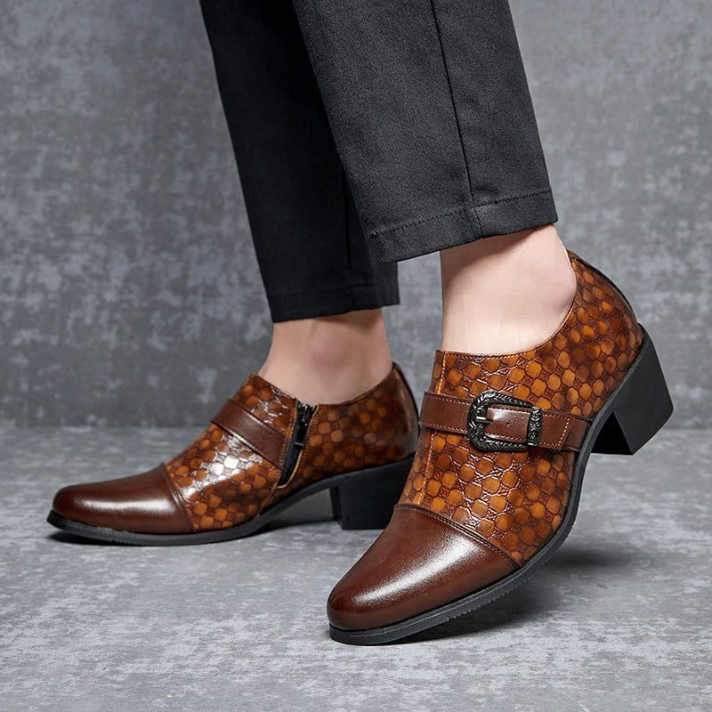 Brown patterned shoes with a buckle on a gray background