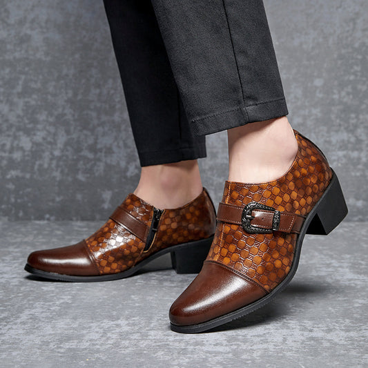 Brown patterned shoes with a buckle on a gray background