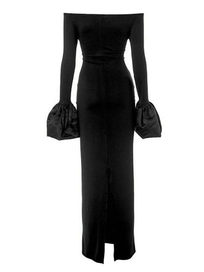 Black off-shoulder dress with long sleeves on a white background