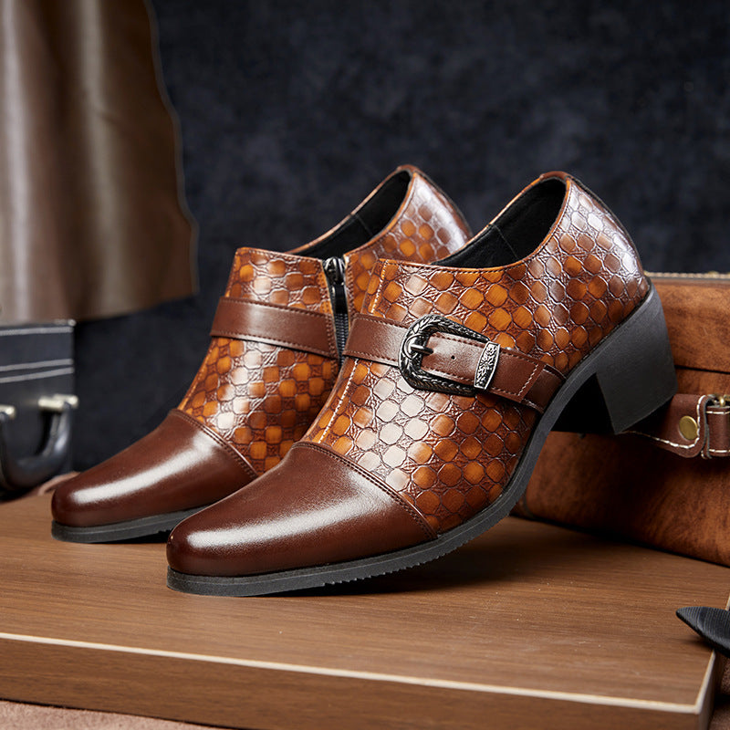 Brown leather shoe with a patterned design and buckle on a white background