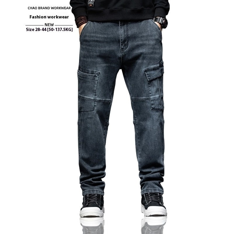 Blue work pants worn by a person on a white background with text about fashion workwear.