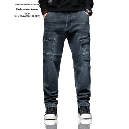 Blue work pants worn by a person on a white background with text about fashion workwear.