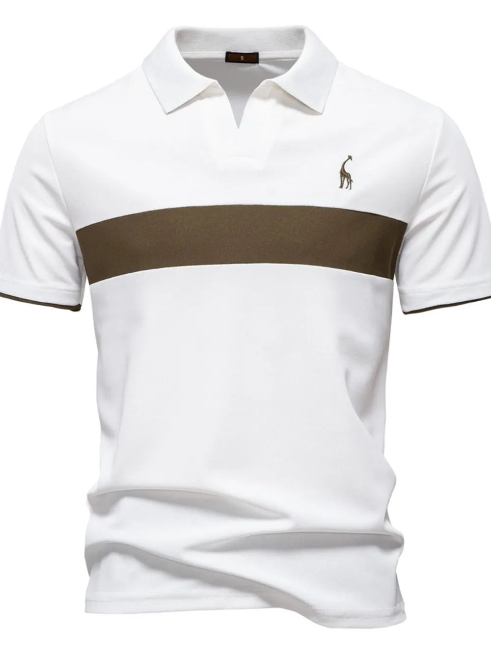 White polo shirt with a brown stripe and logo on a white background