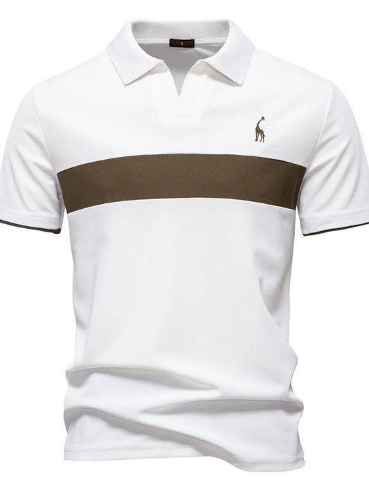 White polo shirt with a brown stripe and logo on a white background