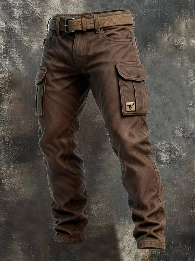 Brown cargo pants on a textured gray background