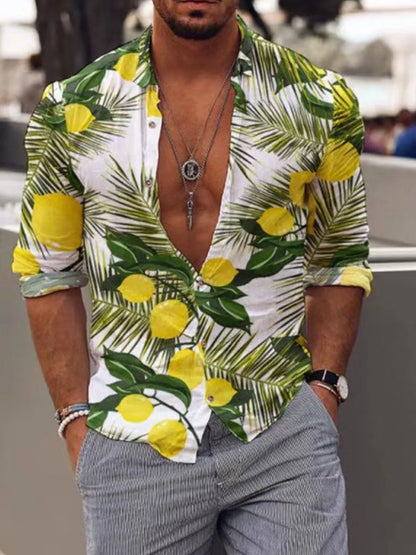 Man wearing a tropical shirt with lemon and leaf pattern