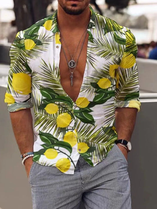 Man wearing a tropical shirt with lemon and leaf pattern