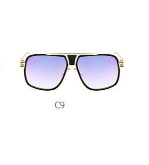 Sunglasses with gold frame and purple lenses on a white background