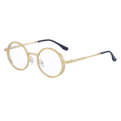 Gold round eyeglasses with black temple tips on a white background