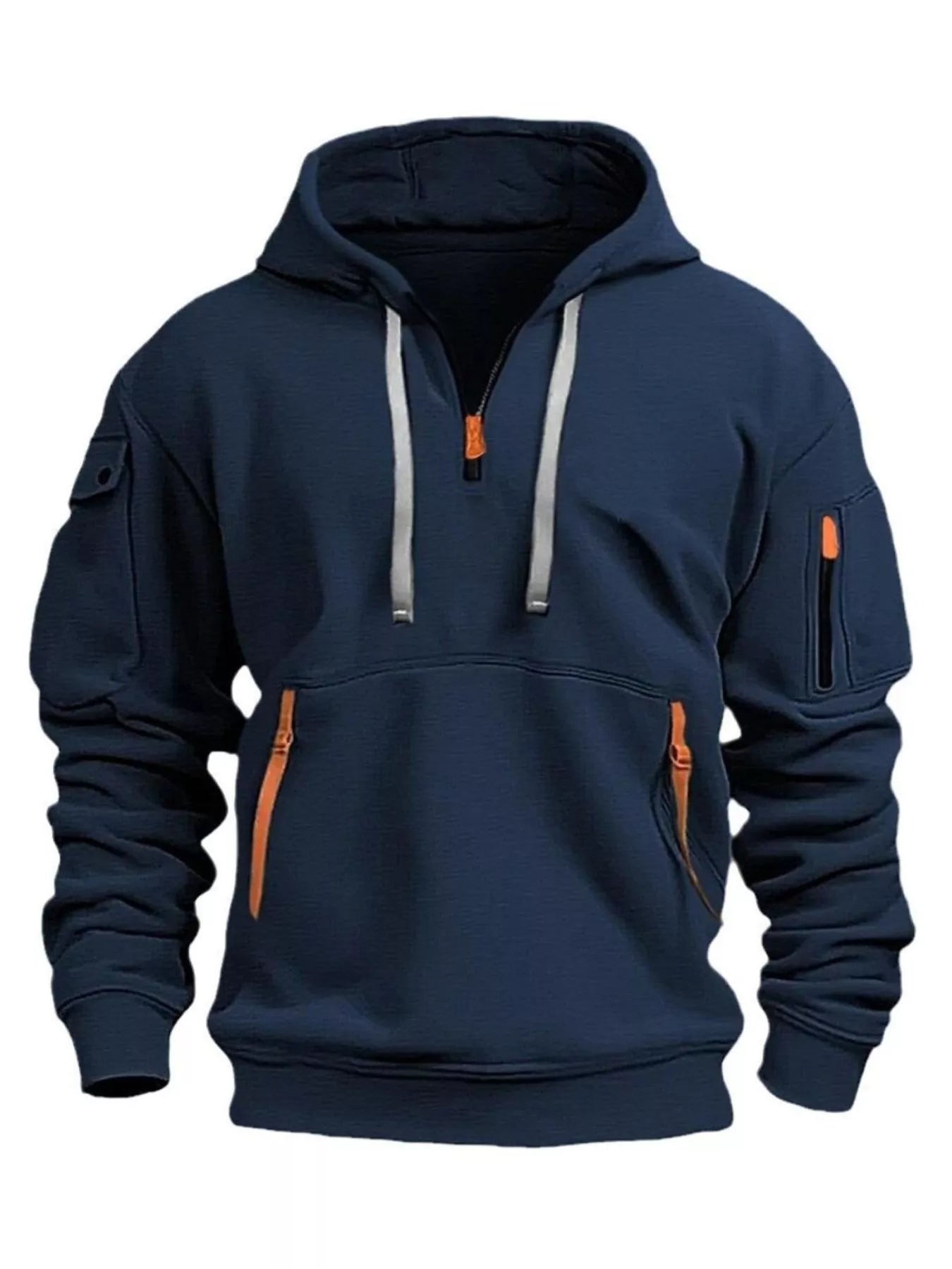 Navy blue hoodie with orange accents on a white background