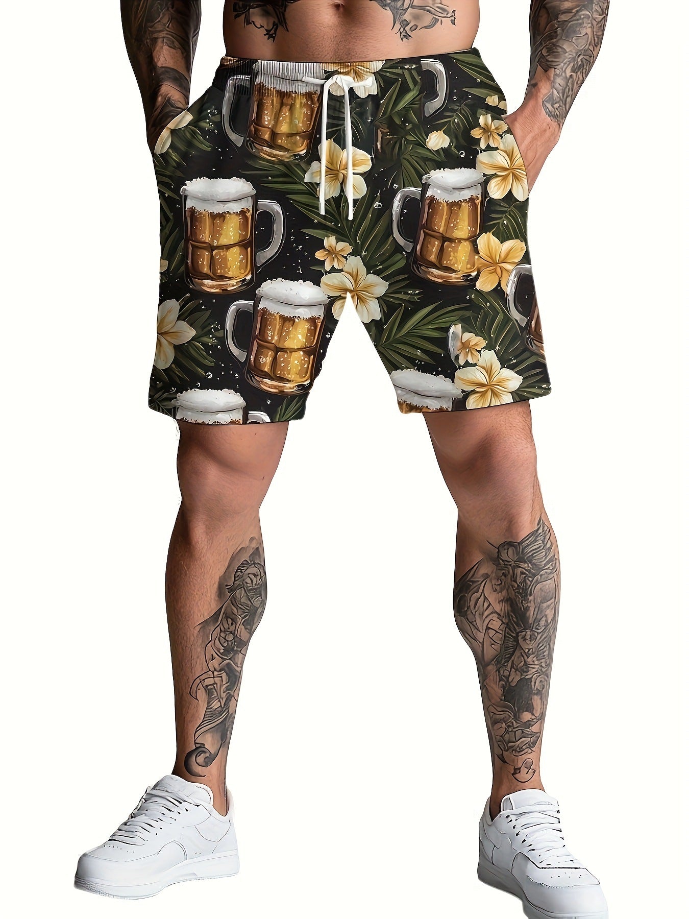 Person wearing shorts with beer mug and floral design on a white background