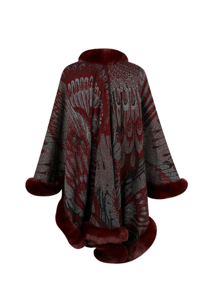 Dark red and gray patterned coat with fur trim on a white background