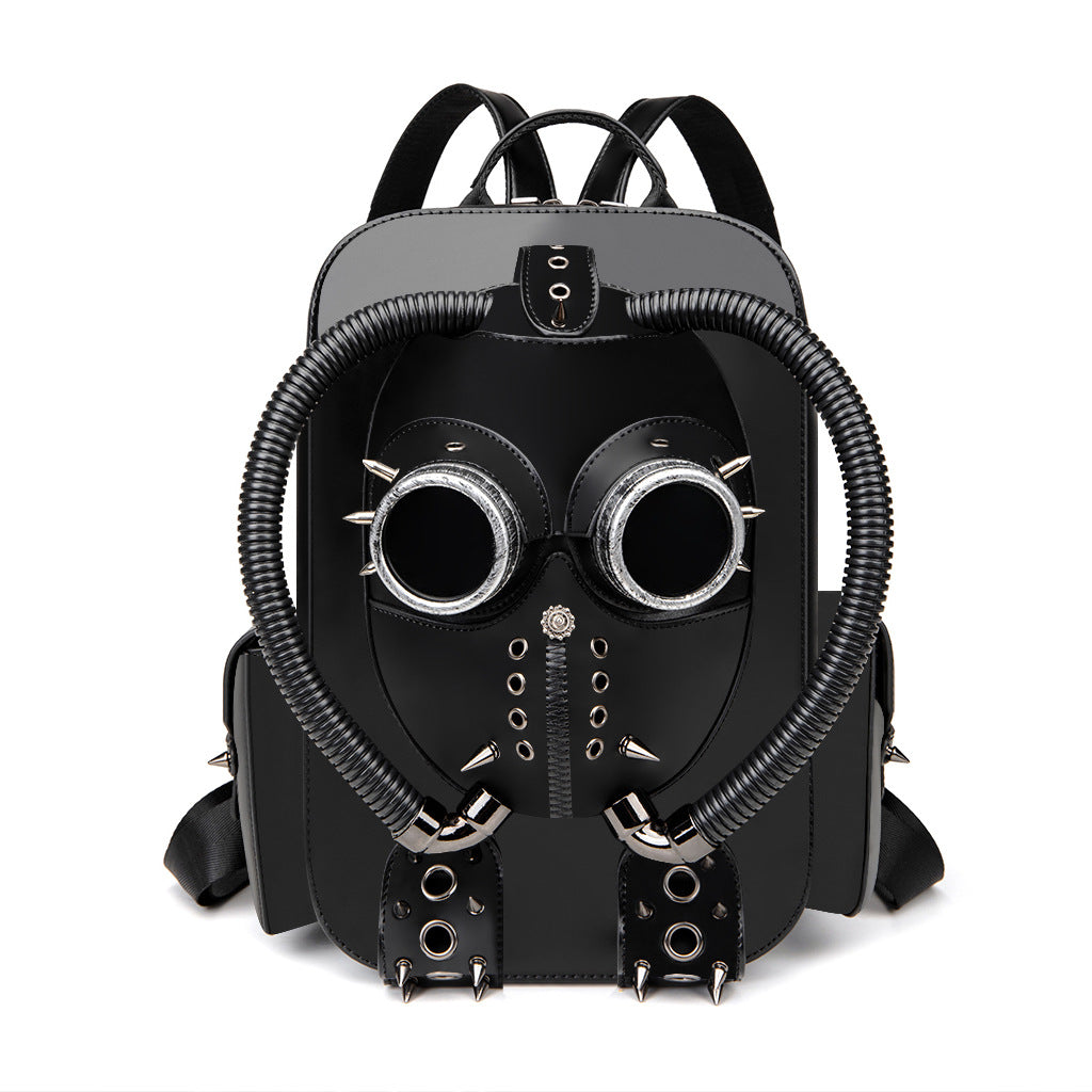 Black backpack with goggles and hoses design on a white background