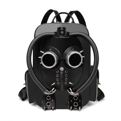 Black backpack with goggles and hoses design on a white background