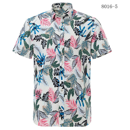 Short-sleeve shirt with colorful leaf pattern on a white background